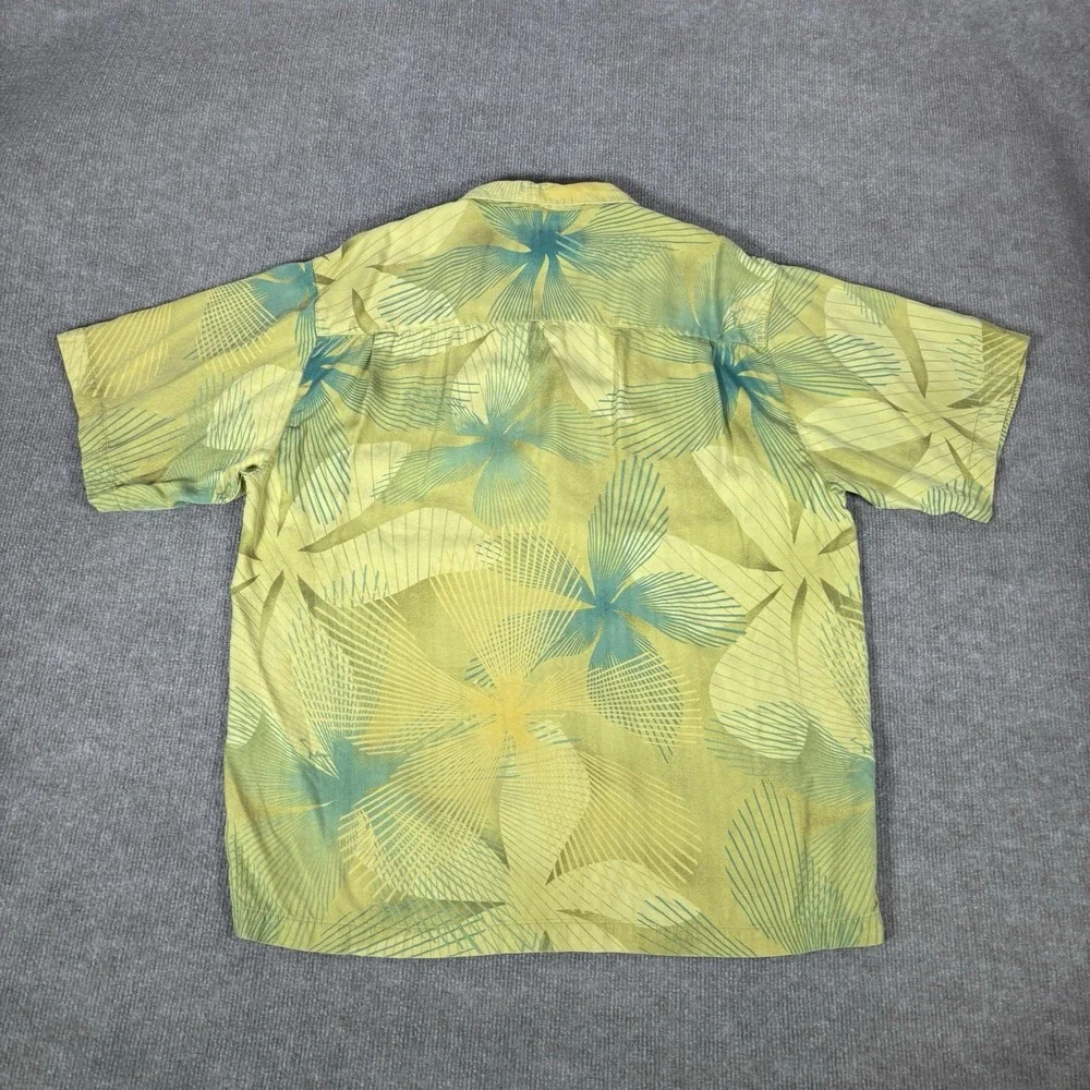 Tommy Bahama Shirt Mens L Yellow‎ 100% Silk Tropical Palm Floral Camp Hawaiian